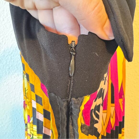 Cache Vintage Y2K Halter Maxi Dress Womens 2 Silk Pleated Mixed Print Rivera - Picture 9 of 13